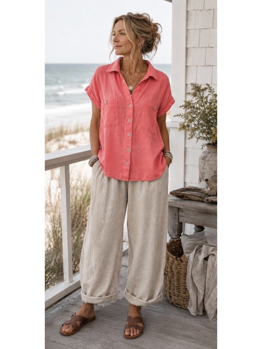 Isabel by Ingrid & Isabel Linen Blend Coral Button Front Shirt Women’s L